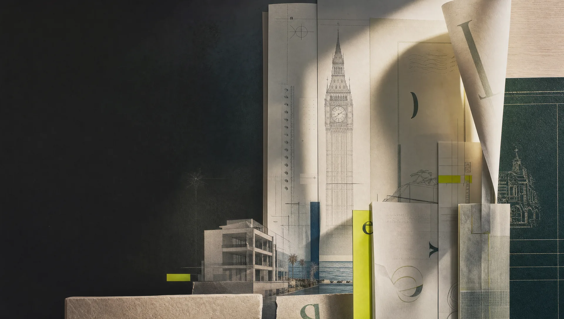 Editorial composition with Big Ben, papers and green accents